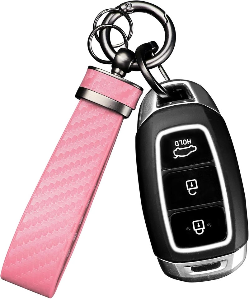 Turcee Carbon Fiber Car Keychain,Automotive Interior Accessories Keychains Leather Car Key Fob,Car Accessories Key Ring&Anti-Lost D-Ring(light pink) - Image 1